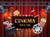 Baixar entretenimento de cinema com cena de exibição e conjunto de ícones gratuitamente
